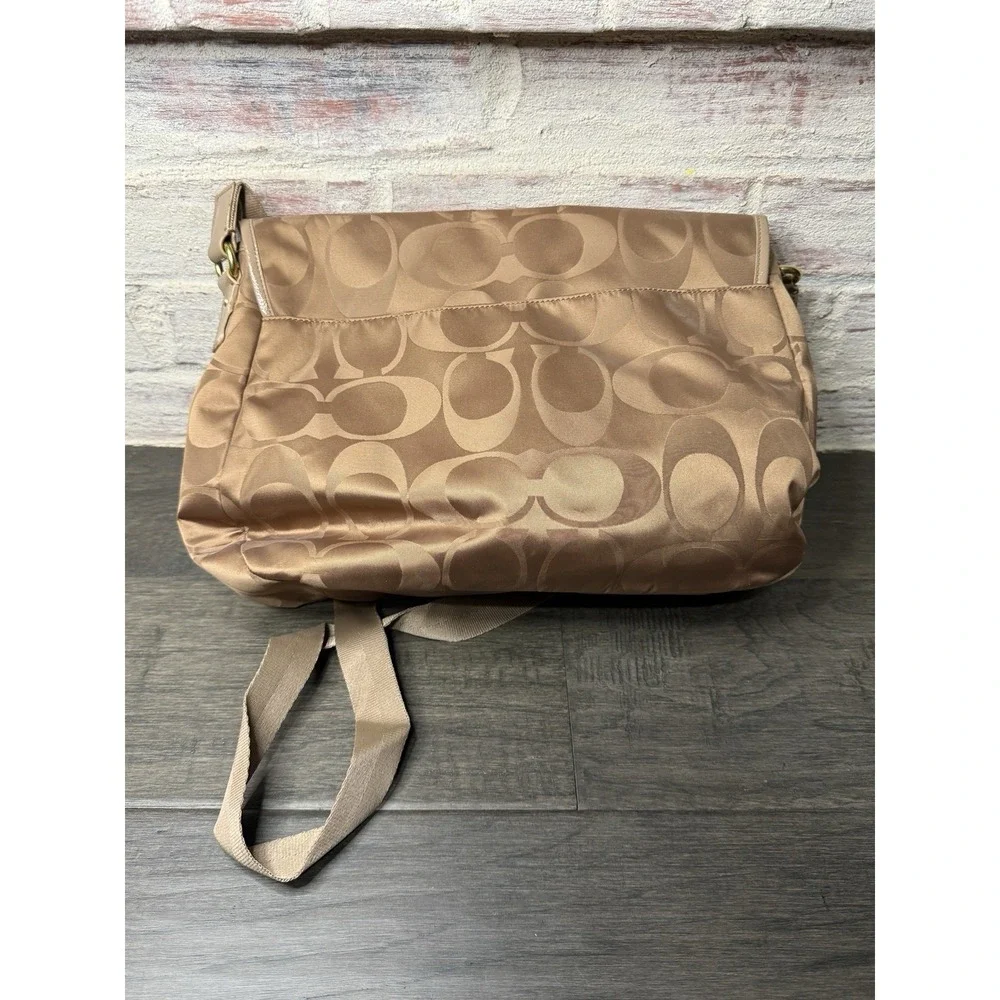 Coach F77490 Signature Tan‎ Metallic Bronze Nylon Leather Messenger Bag Y2K